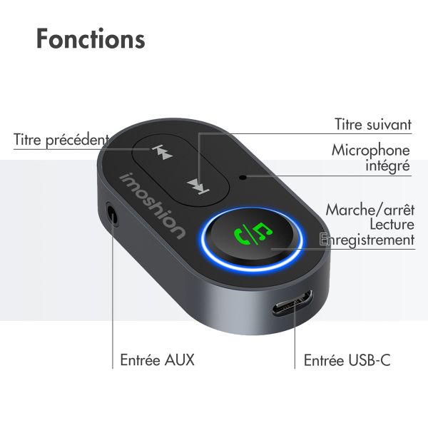 imoshion Adaptateur Bluetooth Voiture - Récepteur Bluetooth 5.1 - Prise jack 3,5 mm / AUX - Noir