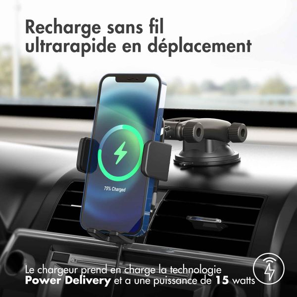 Accezz Support de téléphone de voiture iPhone 14 - Chargeur sans fil - Tableau de bord et pare-brise - Noir