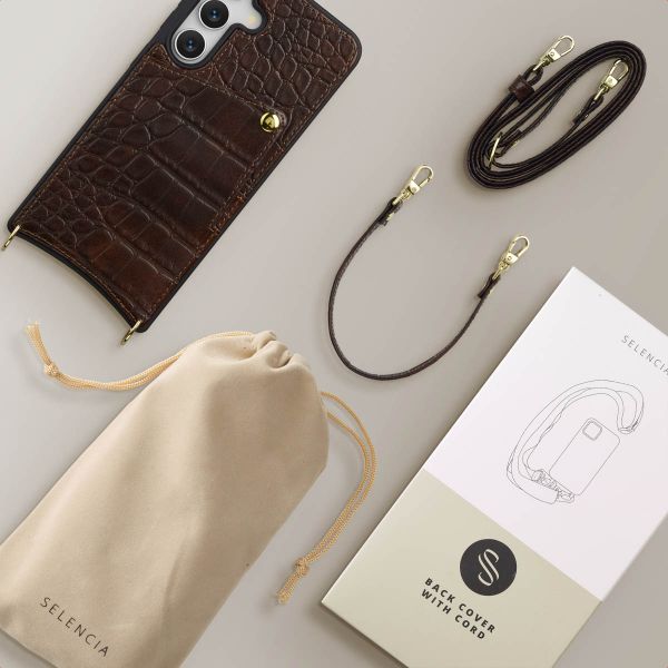 Selencia Coque de télephone Nova Croco avec cordon et porte-cartes Samsung Galaxy S24 / S25 - Choco Brown