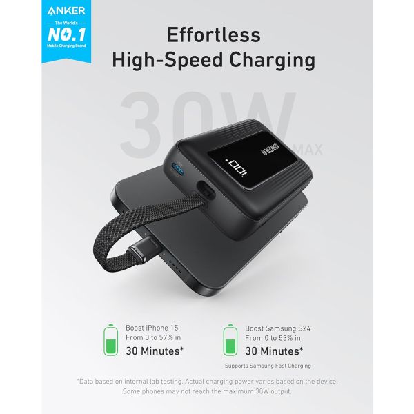 Anker Batterie externe Zolo | 10.000 mAh - 30 Watt - Avec câble USB-C intégré - Noir