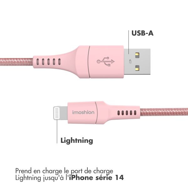 imoshion ﻿Câble Lightning vers USB - Non MFi - Textile tressé - 2 mètre - Rose