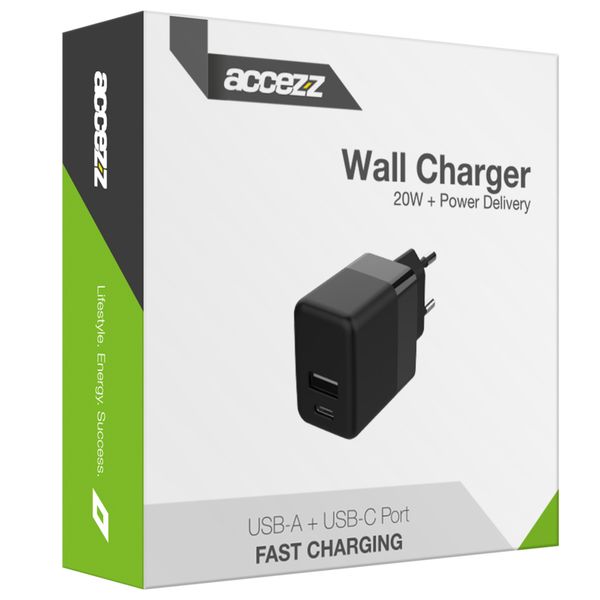 Accezz Wall Charger Samsung Galaxy S20 - Chargeur - Connexion USB-C et USB - Power Delivery - 20 Watt - Noir