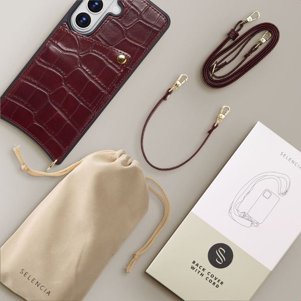 Selencia Coque de télephone Nova Croco avec cordon et porte-cartes Samsung Galaxy S26 - Burgundy
