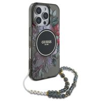 Guess MagSafe IML Flowers Case avec beads strap Apple iPhone 16 Pro - Noir
