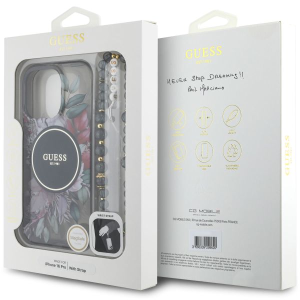 Guess MagSafe IML Flowers Case avec beads strap Apple iPhone 16 Pro - Noir