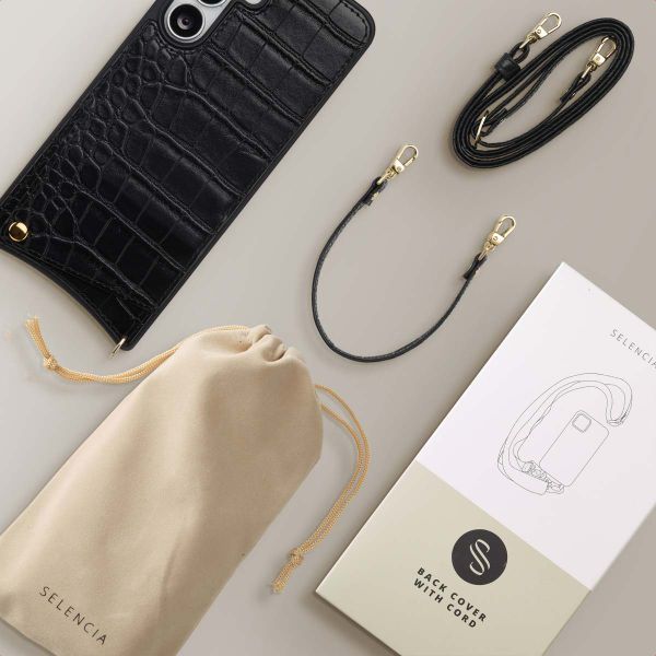 Selencia Coque de télephone Nova Croco avec cordon et porte-cartes Samsung Galaxy S25 FE - Noir