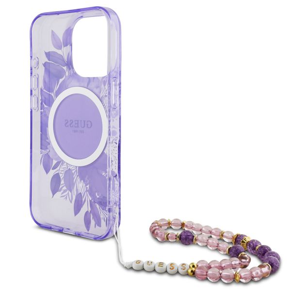 Guess MagSafe IML Flowers Case avec beads strap Apple iPhone 16 Pro Max - Purple