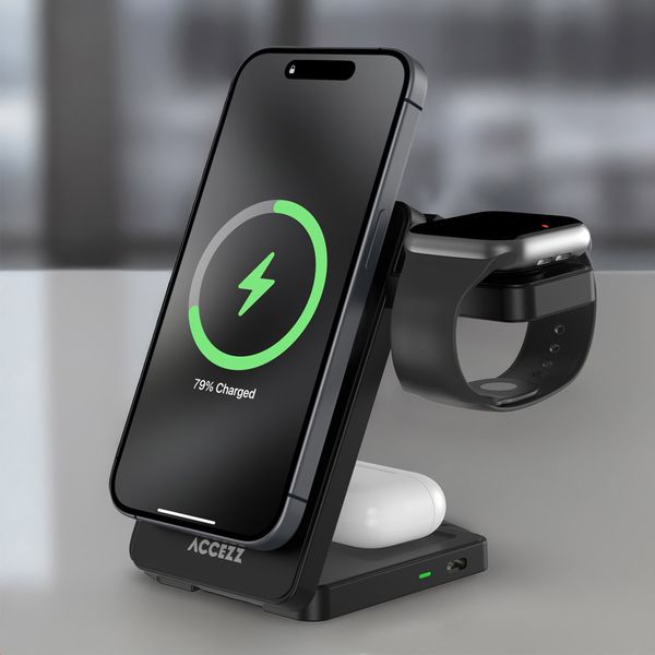 Accezz Chargeur sans fil pliable 3-in-1 MagSafe - 20W - Noir