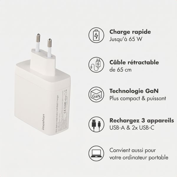 imoshion Chargeur GaN avec câble USB-C rétractable 65W - USB-A + USB-C - Blanc