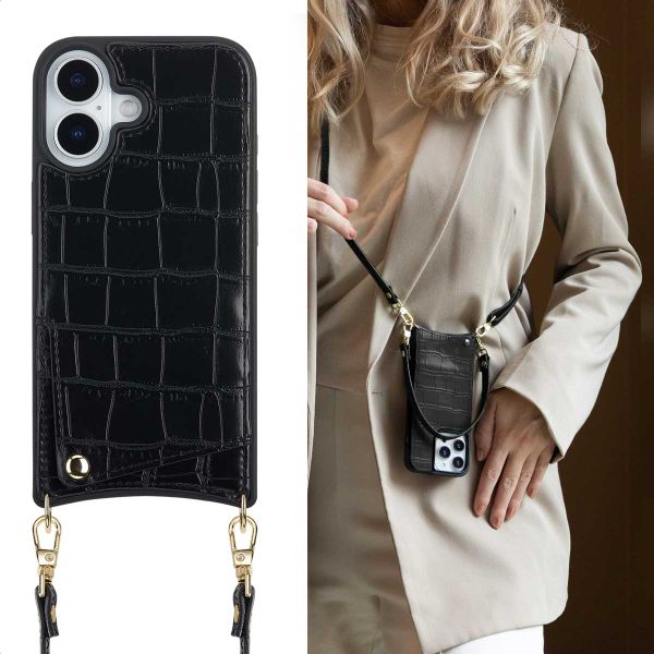 Selencia Coque de télephone Nova Croco avec cordon et porte-cartes Apple iPhone 17 - Noir
