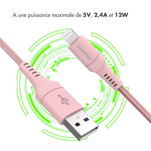 imoshion ﻿Câble Lightning vers USB - Non MFi - Textile tressé - 2 mètre - Rose