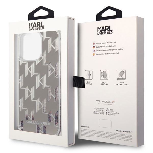 Karl Lagerfeld Coque arrière Liquid Glitter Monogram iPhone 14 Pro Max - Argent