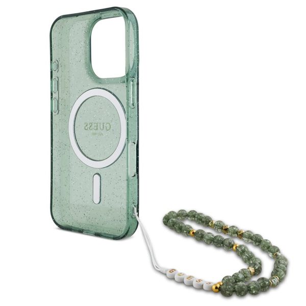 Guess MagSafe IML Glitter Case avec beads strap iPhone 16 Pro - Green