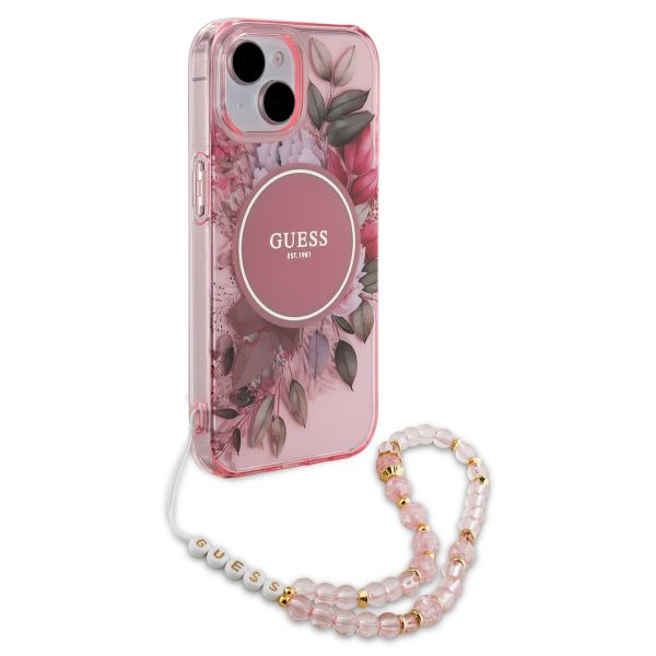 Guess MagSafe IML Flowers Case avec beads strap iPhone 15 - Pink