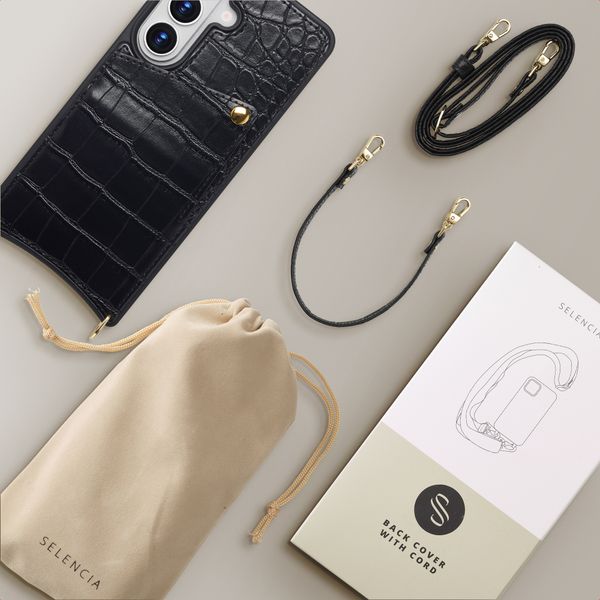 Selencia Coque de télephone Nova Croco avec cordon et porte-cartes Samsung Galaxy S26 - Noir