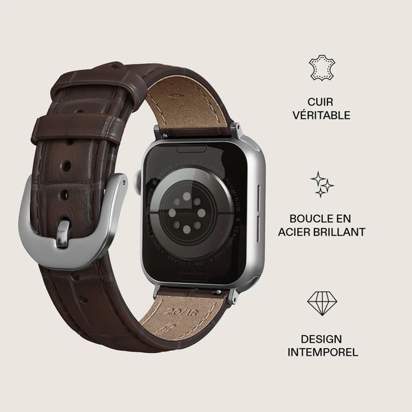 Burga Bracelet en cuir véritable Apple Watch Series 1 - 9 / SE (38/40/41 mm) | Series 10 / 11 (42 mm) - Espresso / Silver