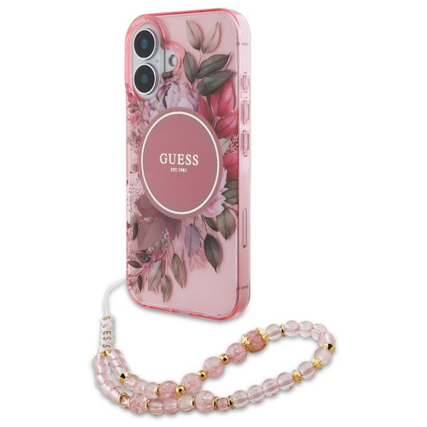 Guess MagSafe IML Flowers Case avec beads strap Apple iPhone 16 - Pink