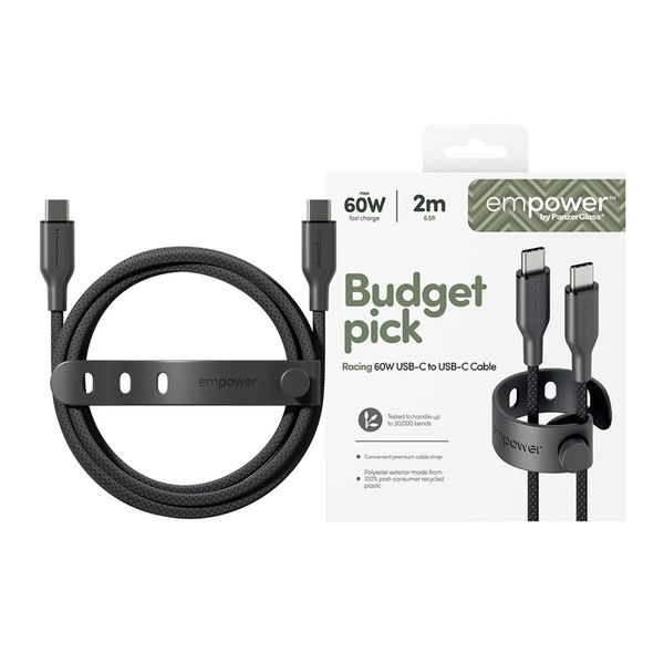 Empower by PanzerGlass Câble de recharge Racing USB-C vers USB-C - 60 W - 2 mètres - Space Black