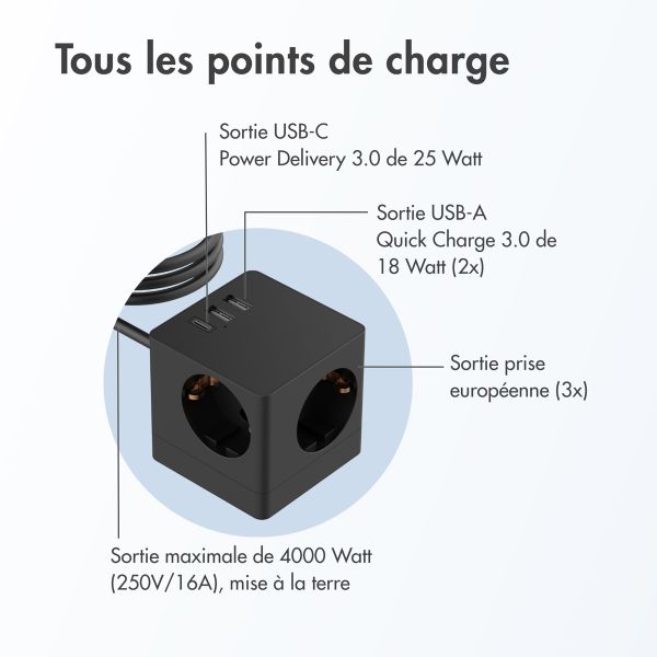 Accezz PowerCube Strip | 6-en-1 - 1x USB-C + 2x USB-A + 3x prise - 4000 watts - Noir