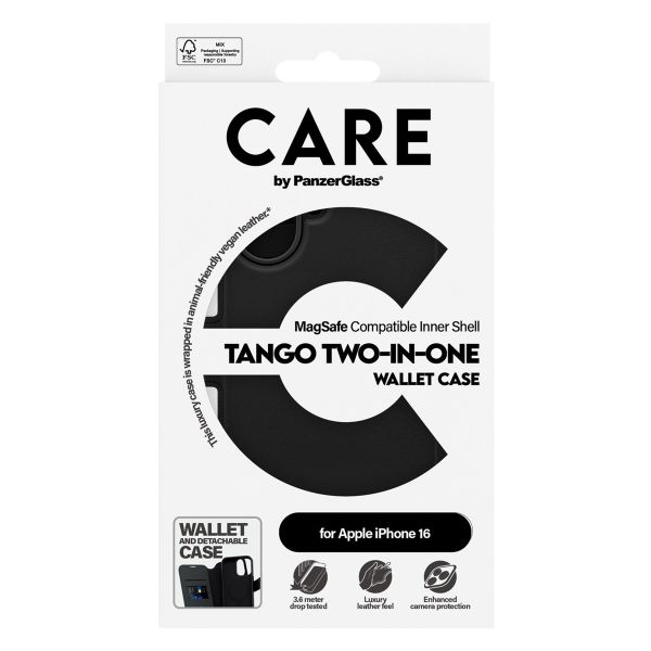 CARE by PanzerGlass Étui de télephone portefeuille Tango 2 en 1 avec MagSafe Apple iPhone 16 - Noir