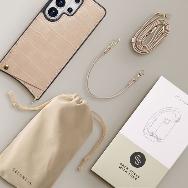 Selencia Coque de télephone Nova Croco avec cordon et porte-cartes Samsung Galaxy S26 Ultra - Beige