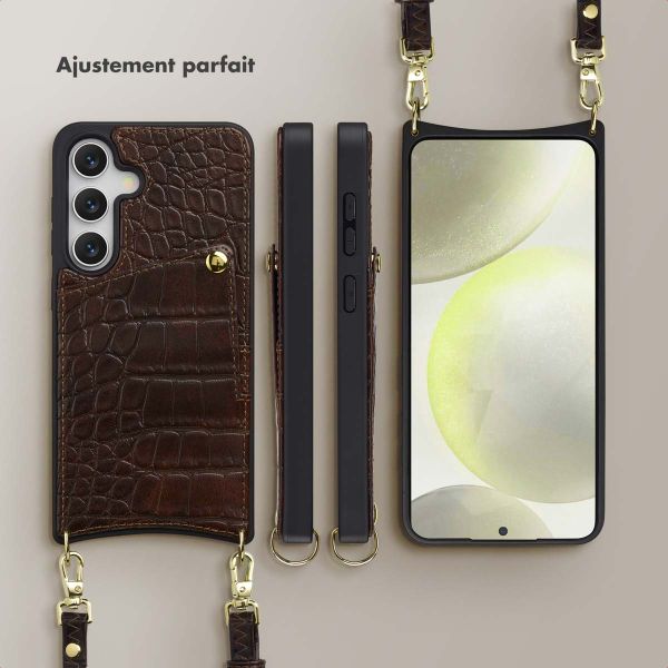 Selencia Coque de télephone Nova Croco avec cordon et porte-cartes Samsung Galaxy S24 / S25 - Choco Brown