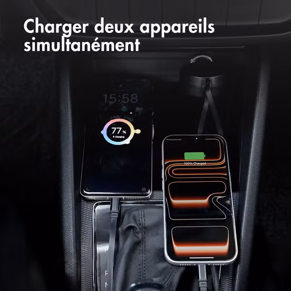 Accezz Chargeur voiture avec câbles rétractables – USB-C / USB-C – 60W – Noir