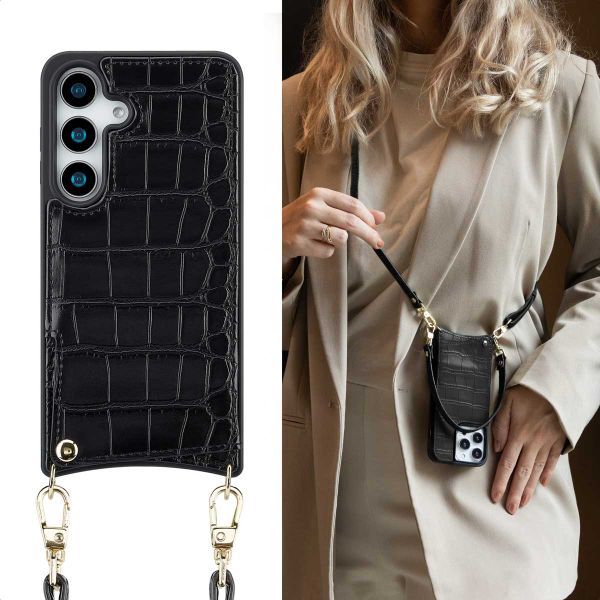 Selencia Coque de télephone Nova Croco avec cordon et porte-cartes Samsung Galaxy S25 - Noir