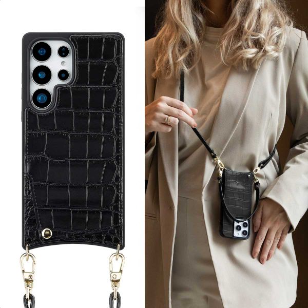 Selencia Coque de télephone Nova Croco avec cordon et porte-cartes Samsung Galaxy S25 Ultra - Noir