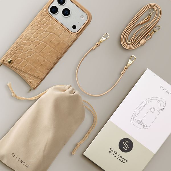 Selencia Coque de télephone Nova Croco avec cordon et porte-cartes Apple iPhone 17 Pro - Toasted Almond