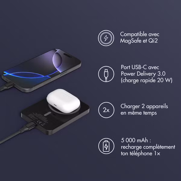 Accezz Powerbank Kevlar 5 000 mAh - MagSafe et Qi2 - Noir