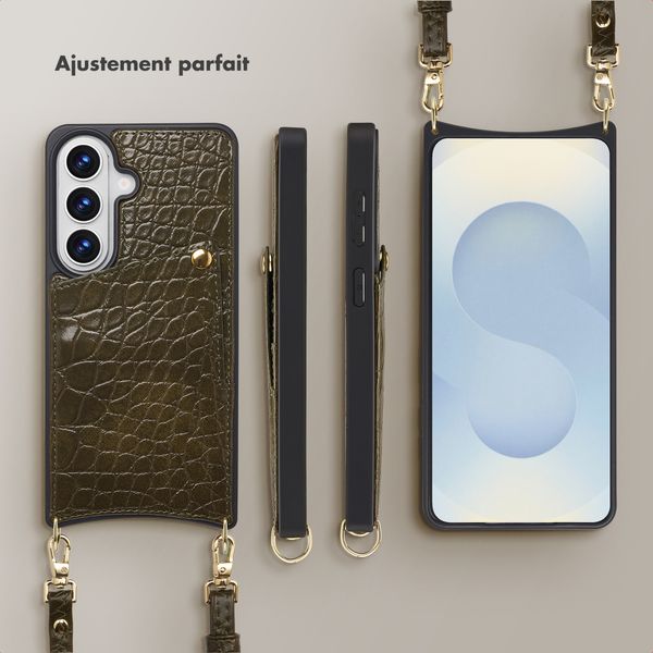 Selencia Coque de télephone Nova Croco avec cordon et porte-cartes Samsung Galaxy S26 - Dark Olive