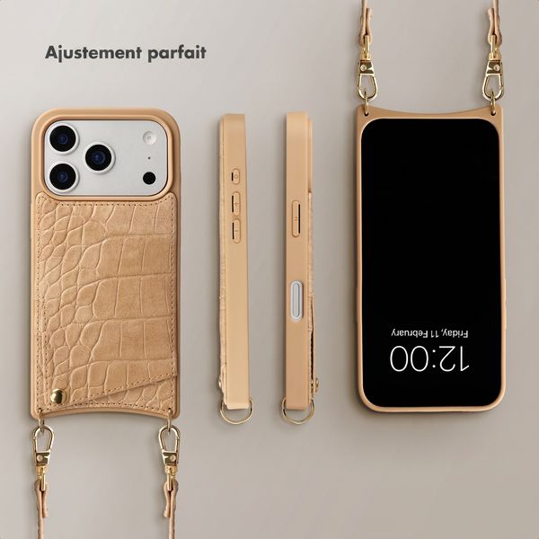 Selencia Coque de télephone Nova Croco avec cordon et porte-cartes Apple iPhone 17 Pro - Toasted Almond