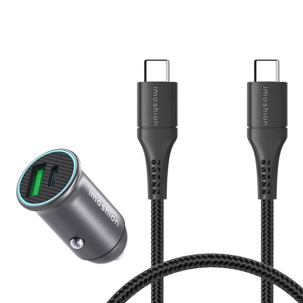 imoshion ﻿Mini chargeur de voiture - 2 ports - USB-A Quick Charge - USB-C Power Delivery - 60 Watts - Noir + Câble USB-C vers USB-C tressé - 1 mètre - Noir