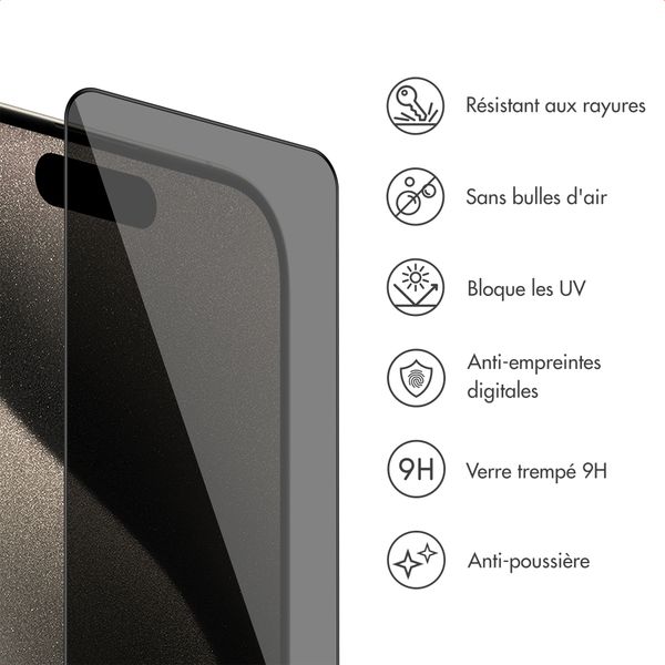 Accezz Protection d’écran en verre trempé avec filtre de confidentialité + Applicateur Apple iPhone 15 Pro