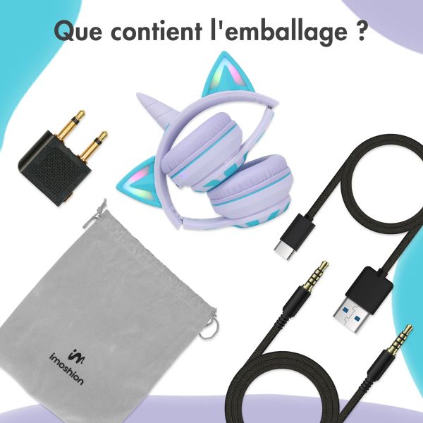 imoshion Casque sans fil pour enfants Unicorn LED Light - Limiteur de décibels - Avec câble AUX - Lavender Lilac / Soft Blue