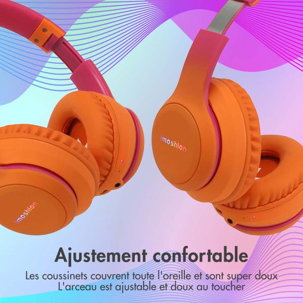 imoshion Casque sans fil pour enfants LED Light - Limiteur de décibels - Avec câble AUX - Hot Pink / Apricot Orange Crush