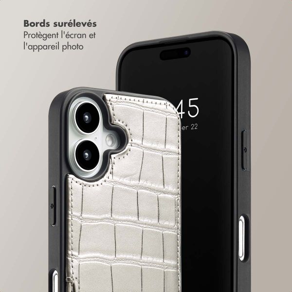 Selencia Coque Croco avec cordon et porte-cartes Nova iPhone 16 - Silver