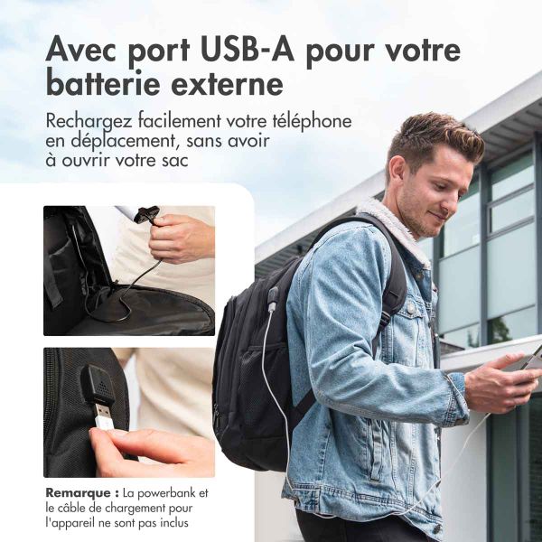 imoshion ﻿Sac à dos pour ordinateur portable avec port USB - Convient aux ordinateurs portables jusqu'à 15.6 pouces - Sac à dos pour ordinateur portable pour hommes - Noir