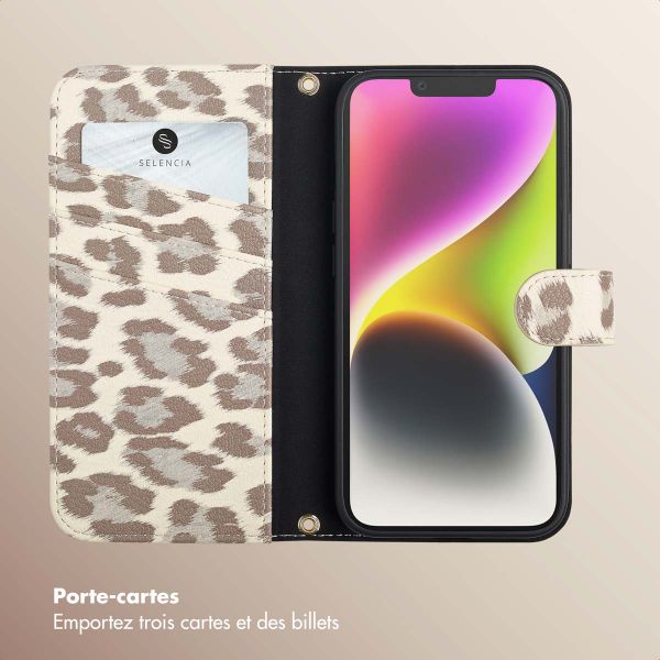 Selencia Étui de télephone portefeuille imprimé léopard Sabi Apple iPhone 14 / 13 - Soft Ivory