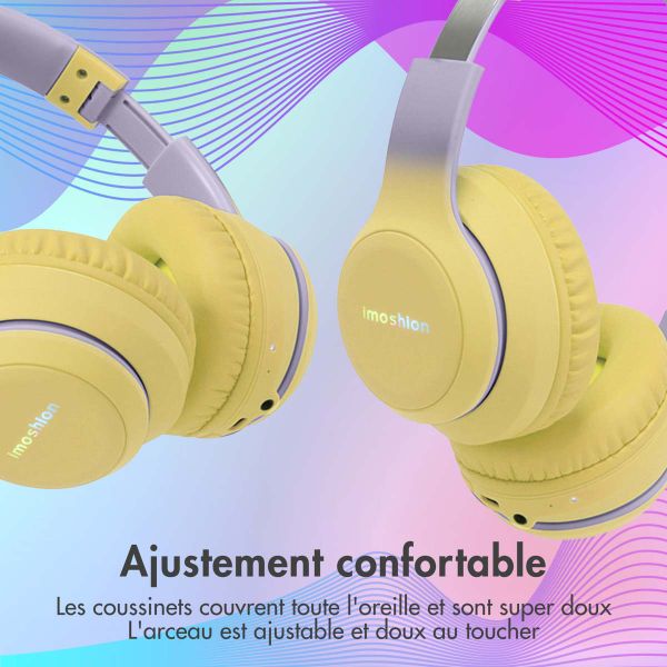 imoshion Casque sans fil pour enfants LED Light - Limiteur de décibels - Avec câble AUX - Lavender Lilac / Yellow