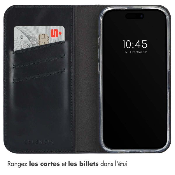 Selencia Étui de téléphone portefeuille en cuir véritable iPhone 16 Pro Max - Noir