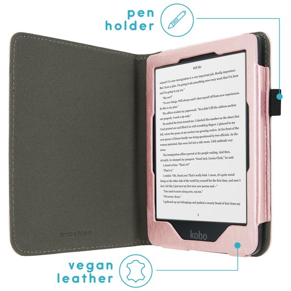 imoshion Étui de liseuse portefeuille en cuir végan Kobo Clara HD - Rose Doré