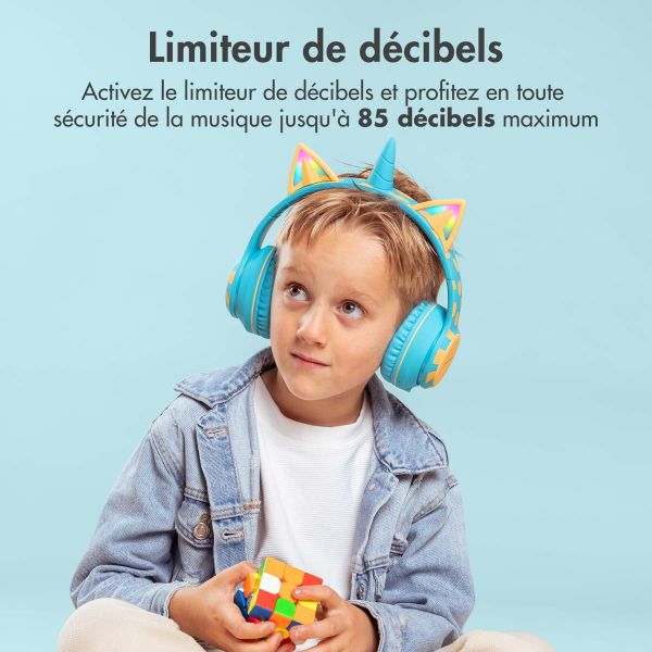 imoshion Kids Unicorn LED Light Bluetooth Casque - Casque pour enfants avec limiteur de décibels - Casque sans fil + câble AUX - Soft Blue / Yellow