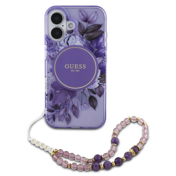Guess MagSafe IML Flowers Case avec beads strap Apple iPhone 16 - Purple