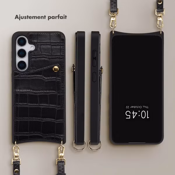 Selencia Coque de télephone Nova Croco avec cordon et porte-cartes Samsung Galaxy S24 / S25 - Noir