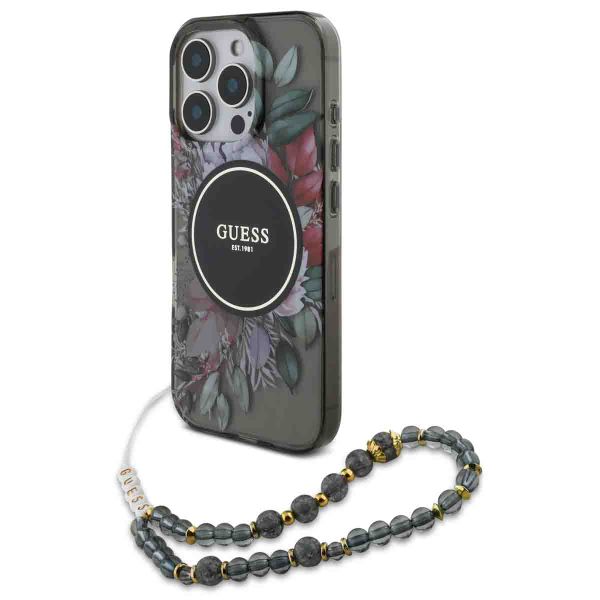 Guess MagSafe IML Flowers Case avec beads strap Apple iPhone 16 Pro - Noir