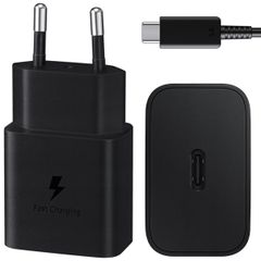 Samsung Adaptateur secteur original avec câble USB-C - Chargeur - Connexion USB-C et USB - Charge rapide - 15 Watt - 1 mètre - Noir