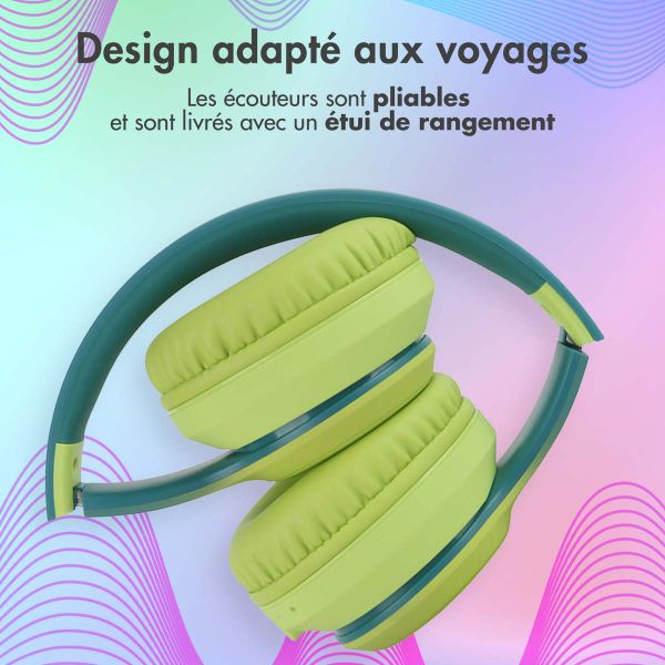 imoshion Casque pour enfants Bluetooth LED - Casque sans fil avec limiteur de décibels + Câble AUX - Petrol Green / Lime