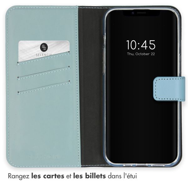 Selencia Étui de téléphone portefeuille en cuir véritable iPhone 15 - Air Blue